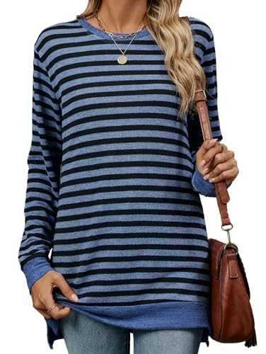 iChunhua Casual Long Sleeve Striped Tops for Women UK Crewneck Colorblock Tunic Tops Lightweight Thin Jumper with Side Split