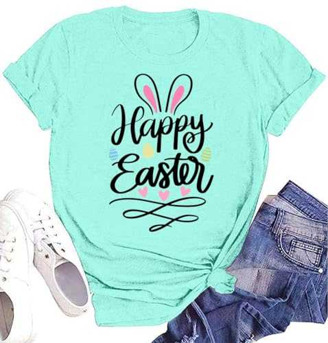 Easter Shirts for Women Cute Floral Bunny Easter Eggs Graphic T Shirts Spring Outdoor Tops Sports Tee