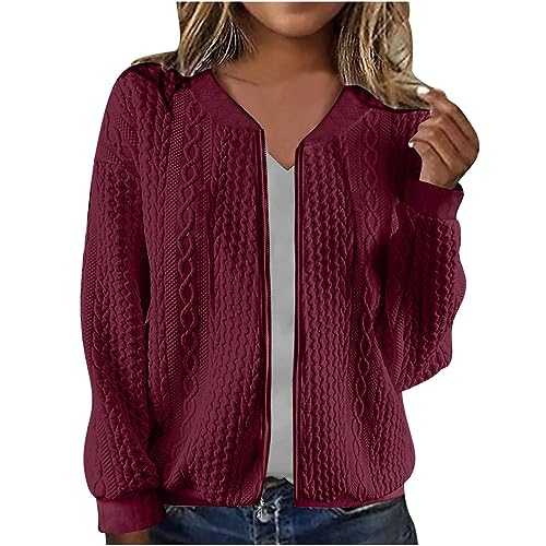 Womens Zip Up Cardigan Knitted Long Sleeve Knitwear Jackets Casual Elegant Plain V Neck Copped Cable Knit Cardigan Ladies Winter Autumn Comfy Thermal Warm Cardigans
