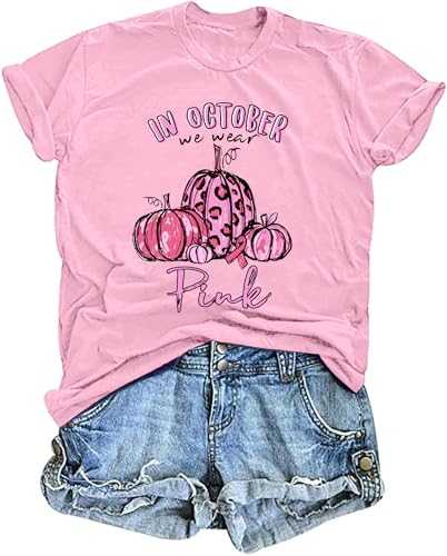 Women in October We Wear Pink Shirts Breast Cancer T-Shirt Pumpkins Graphic Casual Halloween Tops