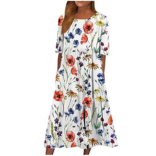 Womens 2024 Fashion Casual Plus Size O Neck Basic Dresses Short Sleeve Flowy Print Summer Dress with Pockets