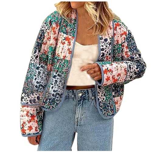NSICBMNO Ladies Padded Jackets With Pockets Floral Quilted Jacket Womens Lightweight Puffer Jacket Ethnic Print Jacket Open Front Cardigans Long Sleeve Coat Button Up Cardigan Short Winter Jackets