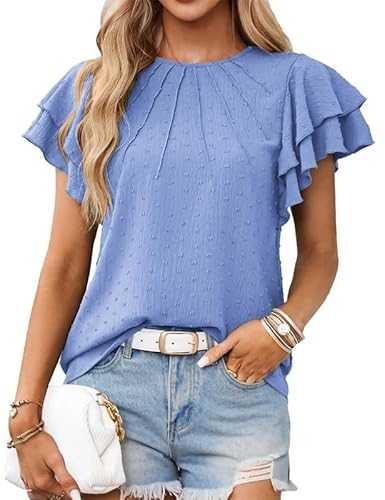 JASAMBAC Summer Tops for Women Crew Neck Ruffle Blouse Swiss Dot Pleated Business Work T Shirts Ladies Short Sleeve Elegant Tops