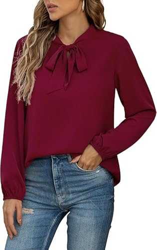 Yommay Womens Blouses Summer Dressy Chiffon Ladies Tops Long/Short Sleeve Tie Neck Elegant T Shirts