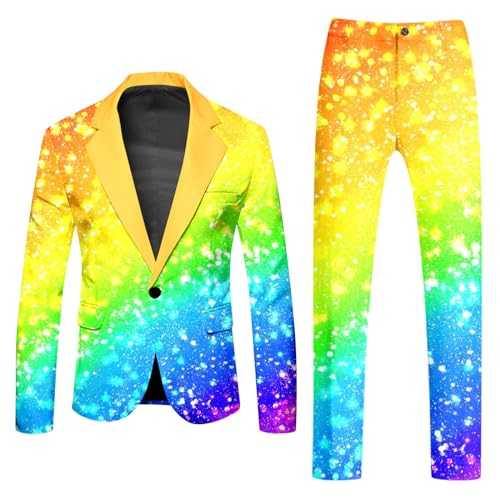 Mymyguoe Neon Coloured Suit 2-Piece Men's Slim Fit Suit Jacket Suit Trousers Two Piece Set Funny Novelty Rainbow Suit Blazer Set Neon Theme Party Outfit Disco Night Club Performance Costume Set