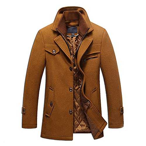 Chuengyu Men's Stand Collar Wool-Blend Classic Pea Coat with Removable Notched Collar ，Single Breasted Windproof Warmer Pea Coat