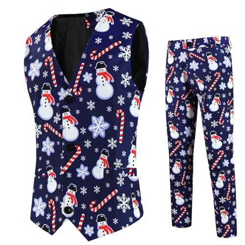 Men's Christmas 2 Piece Slim Fit Suit Set Mens Fun Christmas Waistcoat Trousers Set V-Neck Button Down Vest Waistcoat Trousers Red/Green Xmas Tree/Snow/Elk/Snowflake for Dinner,Prom,Wedding