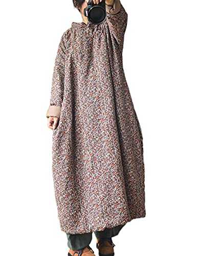 NFYM Women Autumn Winter Warm Padded Floral Outwear Long Cotton Linen Vintage Chinese Style Robe Coat