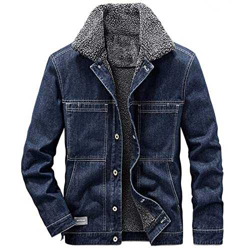 HAOLEI Denim Jacket Mens Sherpa Fleece Lined Trucker Jacket Stand Collar Classic Fur Jean Bomber Jacket Winter Thick Warm Military Cowboy Parka Coats Biker Denim Jacket Sale Clearance Size 10-22
