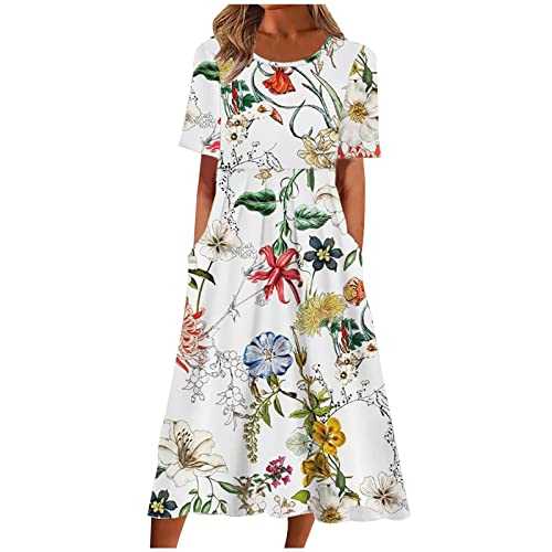 Summer Dresses for Women UK Sale Clearance Floral Printed Short Sleeve Midi Dresses Casual Beach Swing Dresses Crew Neck Pleated A Line Dresses Long Sundress with Pockets