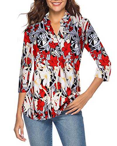 CEASIKERY Damen-Tops mit 3/4 Ärmel und V-Ausschnitt, lässige Tunika, lockere Bluse/Shirt