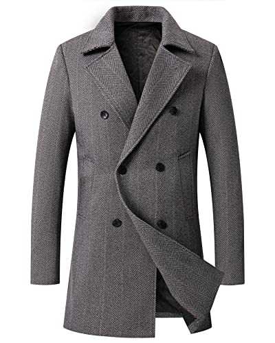 PRIJOUHE Mens Woolen Trench Coat Pea Coat Double Breasted Regular Fit Wool Blend coat Business Overcoat