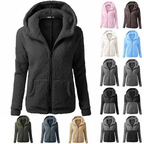 Coats for Women Wool Sweater Winter Plush Warm Outwear Fleece Thickening Hooded Cotton Sweatshirt Zipper Tops Ladies Blouse Fashion Solid Color Matching Pocket Long-Sleeved Lightweight Hoodie Jacket