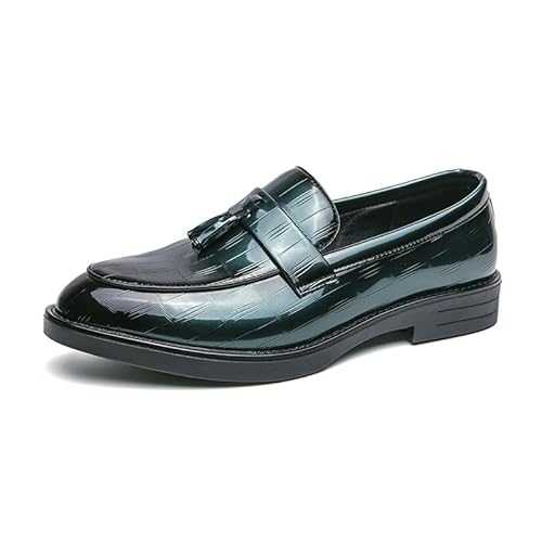 Oxford Dress Shoes for Men Slip On Round Burnished Toe PU Leather with Tassel Loafer Shoes Rubber Sole Block Heel Anti-Slip Walking