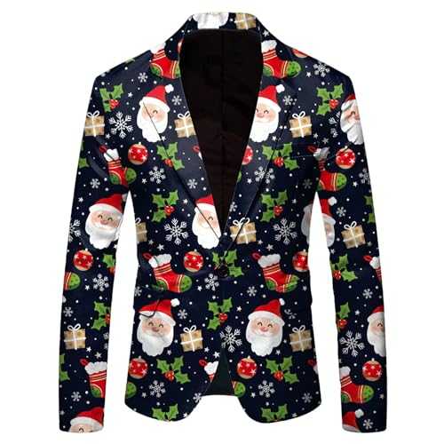 Blazers for Men UK Casual Christmas Snowflake Santa Printed Pocket Lapel Button Suit Regular Fit Personality Jacket Suit Lightweight Pocket Sports Suit