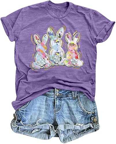 Easter Shirts for Women Rabbit Bunny Eggs T Shirt Happy Easter Day Graphic Short Sleeve Tee Tops