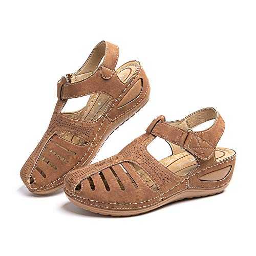 Women's Comfortable Wedge Sandals Ladies Mule Clogs Slippers Strap Platform Vintage Closed Toe Soft Wide Fit Summer Sandal Slip on Brown 5 UK