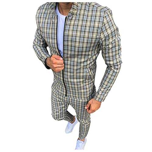 Tracksuit for Men, 2-Piece Outfit, Man Spring Summer Sports Suit Set, Checked Shirt, Long Sleeves + Fabric Trousers, Slim Fit Sets, Outfit, Complete, Quick-Drying Jogging Suit, khaki, XXL