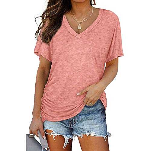Mayntop Womens Summer Tops Short Sleeve Plain Solid Side Pleated Loose V-Neck Tee T-Shirt Blouse