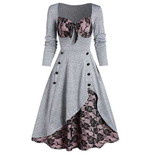 AMhomely Women Dresses Promotion Sale Clearance Ladies Oversize Party Dress Flower Lace Insert Mock Button Bowknot Vintage Dress Plus Size Dress Party Elegant Dress Vintage Dress UK Size S - XXXXL