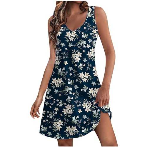 Strappy Summer Dresses for Women UK Sale Clearance Bohemian Style Floral Dresses V Neck Casual Dress Sleeveless Holiday Sundress Vacation Daily Tunic Dresses with Pockets Beach Wear