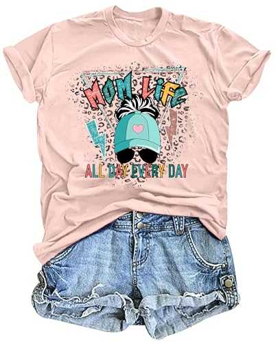 Women Mom Life T-Shirts Leopard Lips Stripe Graphic Shirts Funny Letter Printed Tee Mother's Day Casual Blouse