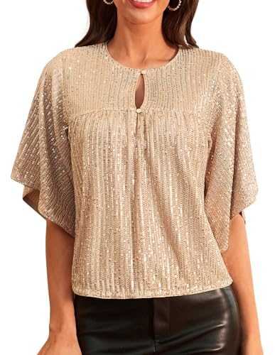 GRACE KARIN Women's Gelitzer Top 1/2 Sleeve Ruffle Sleeve Round Neck Sequin Top Party Tops - Black - Size L