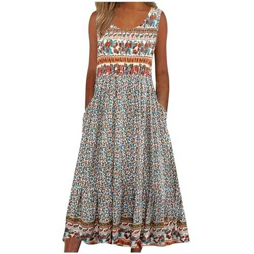 Maxi Dresses for Women UK Summer Boho Maxi Dress Hawaiian Fancy Dress Summer Casual Sleeveless Round Neck Floral Print Elegant Swing Sundress Bohemian Vacation Beachdress