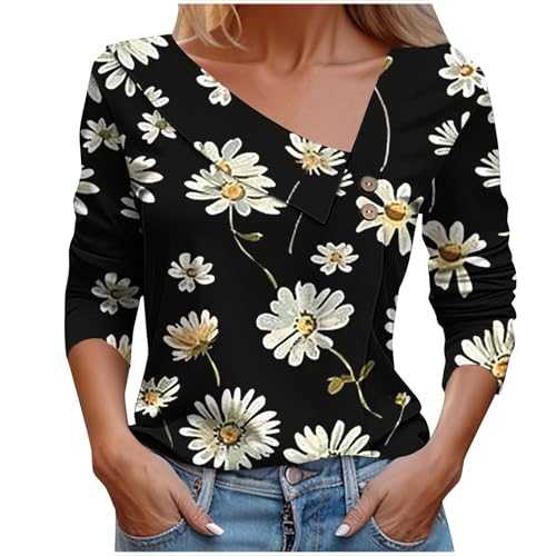 IUYTYSER Asymmetrical Neck Tops for Women Long Sleeve Button Collared V Neck Blouses 2024 Fashion Work Casual Dressy Shirts Women Long Sleeve Tops under 10Ladies Tops Summer Tops for Women UK
