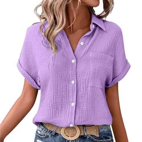 Linen Tops for Women UK Summer Ladies Casual Button Down Short Sleeve Tunic Blouses with Pockets Textured Collared Solid Elegant T-Shirts Oversized Trendy Lounge Cotton Baggy Tshirts Women Tops
