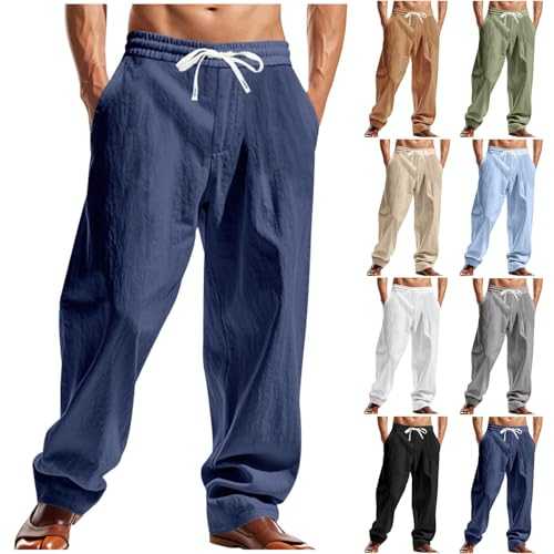 Clearance Men's Cotton Linen Trousers Smart Work Rugby Pants Plain Sweatpants Drawstring Trouser Joggers Casual Elasticated Waist Tracksuit Bottoms Workout Running Gym Pant Soft Comfortable Workwear