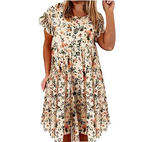Womens Summer Dresses Casual Short Sleeve Round Neck Midi A Line Linen Sundress Loose Swing Short Dress with Pockets Plus Size Bohemian Floral Long Maxi Summer Beach Swing Dress UK Clearance