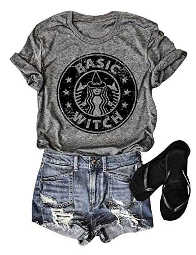 Dresswel Women Basic Witch Funny Letter Print T Shirt Vintage Graphic Print Crew Neck Short Sleeve Tee Top