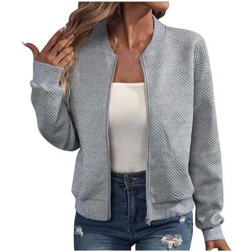 Women's Bomber Jackets Zip Up Long Sleeve Winter Coats with Pockets Streetwear Lightweight Flight Jackets Casual Trendy Baseball Coat Comfy Loose Sweatshirt Cardigan Shacket Outwear