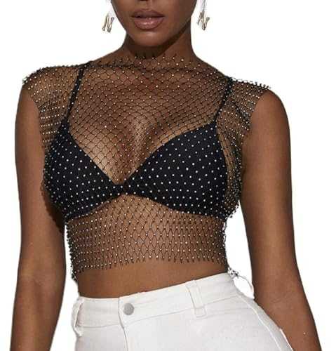 Women Glitter Tank Tops, Black Sexy Mesh Diamond Hollow Out Crop Tops, See Through Rhinestone Studded Crop Tops for Festival Club Rave Outfit, Diamond Crystal Cover Up Clubwear Cropped Tops Blouse