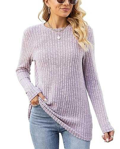 Famulily Women's Long Sleeve Tops Casual Round Neck Ladies Lightweight Knit Jumpers