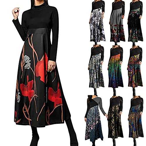 AMhomely Women Dresses for Special Occasions Clearance Ladies Autumn and Winter Casual Slim Long-Sleeved Long Bohemian Printed Dress, Fall Dresses for Ladies UK Size Holiday Clothing, Red, L