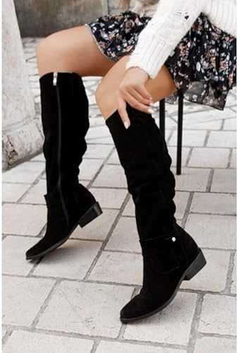 JUNSHANG Women's Low Heel Side Zip Suede High Top Boots，Womens Mid Calf Boots Knee Stretchy Low Heel Booties Zip Strap Riding Winter Slouch Shoes,black-43