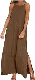 AMhomely Boho Maxi Dresses for Women UK Cotton and Linen Dresses Summer Sexy Spaghetti Strap Long Dresses Solid Beach Shift Dress Elegant Party Sundress Plus Size Casual Dress Going Out