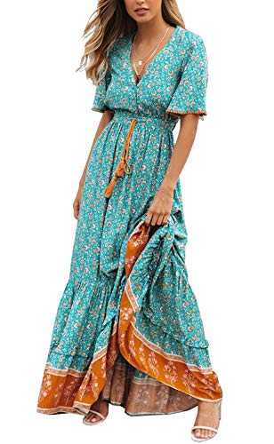 R.Vivimos Women's Summer Boho V Neck Button Up Short Sleeve Bohemian Print Ruffle Hem Beach Style Long Maxi Dress Vacation Dress