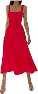 Celucke Women's Summer Solid Color Sleeveless Thick Shoulder Strap Slim Fit Lace Up Waist Dress Casual Skirt, Boho Dresses for Women UK, Dresses for Women, Beach Dresses for Women UK