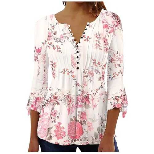 Qixiu Black Tops for Women UK,T Shirt Women,Women's Spring and Summer Seven Minutes of Bell Sleeve V Neck Pressed Pleated Solid Color Button T Shirt Dark Shirt for Women,Women Tshirt