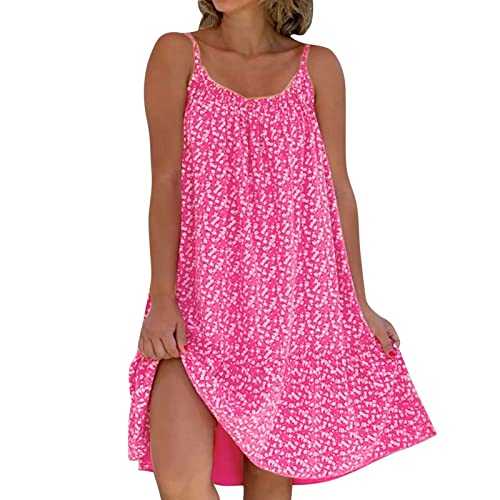 AMDOLE Linen Dresses for Women UK Women Casual Floral O Neck Ruffle Hem Spaghetti Strap Sleeveless Short Dress Beach Dress Women Dresses