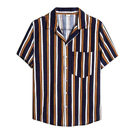Men's Short Sleeve Striped Formal Shirts Men's Cotton Casual Fashion Top Summer Print Short Sleeves Button Down Striped Lapel Shirt with Pocket