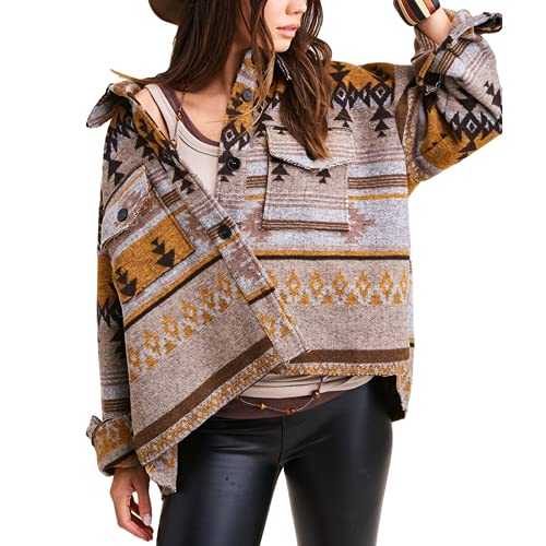 AMEBELLE Womens Aztec Print Shacket Vintage Fringed Wool Blend Shirt Jacket Coat