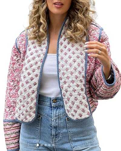 Fylovery Women's Short Puffer Jacket Floral Print Stand Collar Open Front Quilted Coat Fall Winter Long Sleeve Padded Jacket Outerwear