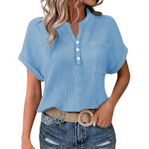 Cocila Ladies Tops 2025 Women's Summer Cotton Linen Cap Sleeve T-Shirt Button V Neck Henry Collar Tunic Tops Fashion Baggy Solid Plain Casual Shirts Trendy Blouse with Pocket