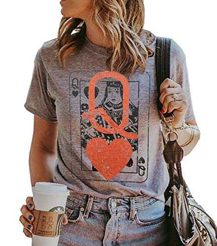 Q of Hearts T-Shirt Women Vintage Graphic Tee Casual Letters Print Short Sleeve Tops