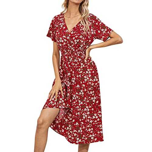 Women's Boho Dresses Summer UK Sale Clearance Loose Casual Midi Tunic Dress Floral Polka Dots Print V Neck Short Sleeve T Shirt Ruffle Dresses