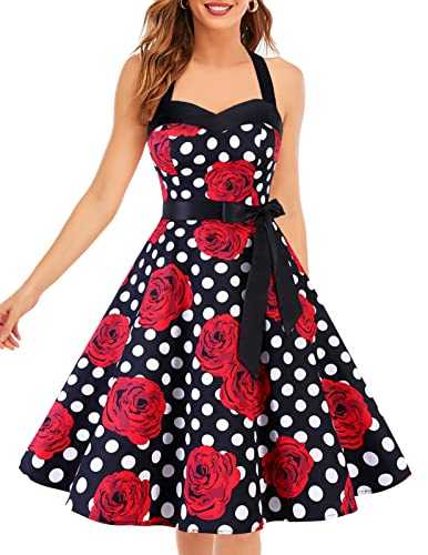 DRESSTELLS 50s Dress Women Vintage Cocktail Halter Dress 1950s Rockabilly Party Dress